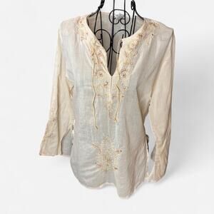 Vintage Tramp Y2K Boho Embroidered Tunic Top Cream Cotton Size M Whimsigoth